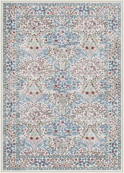 Lahome Floral Washable Area Rugs 5x7, Soft Beige Rugs for Living Room Bedroom, Boho Non Slip Low Pile Forest Design Large Throw Carpet for Farmhouse Dining Room Nursery, Beige/Blue