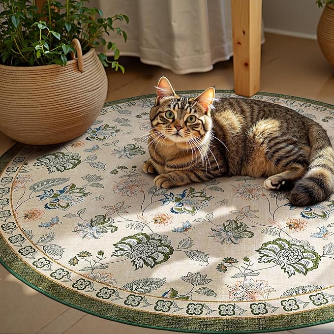 jinchan Elora 6ft Floral Round Rug for Dining Room Washable Living Room Rug Vintage Romance Design Non Slip Indoor Floor Cover Lightweight Low-Profile Throw Carpet for Bedroom Porch Patio, Green/Beige