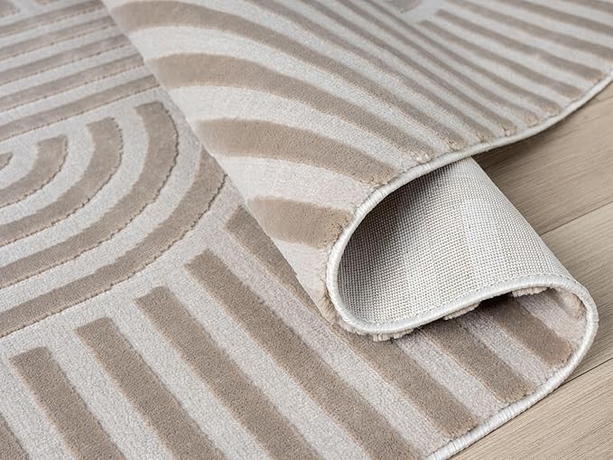 Annabel Modern Geometric Area Rug for Living Room, 8x10 Contemporary Arched Linear Beige Neutral Rug, Stain Resistant Non-Shedding Carpet for Bedroom, Dining Room, Kitchen (8' x 10', Beige)