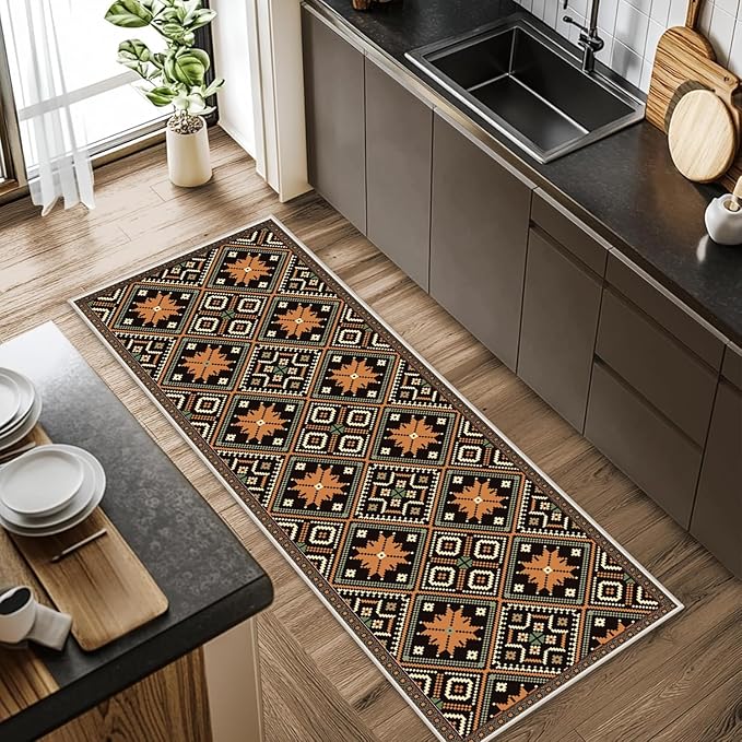 Brown Black Geometric Diamond Pattern Hallway Runner Rug - 3x12ft Soft Washable Rug, Corridor & Foyer High-Traffic Area Rugs, Durable Non-Slip Mat, Ethnic Southwestern Style Home Decor