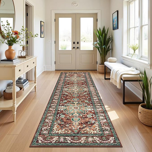 U'Artlines 3' x 10' Boho Hallway Runner Rug, Rust Non Slip Washable Vintage Farmhouse Accent Rug Carpet for Kitchen Entryway Laundry and Living Room (Rust＆Teal)