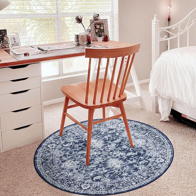KILOCOCO Round Rug 3ft Vintage Floral Small Circle Rug Machine Washable Entryway Mat Non Slip Low-Pile Kitchen Rugs for Front Door Laundry Room Bathroom Moroccan Area Rugs, Blue