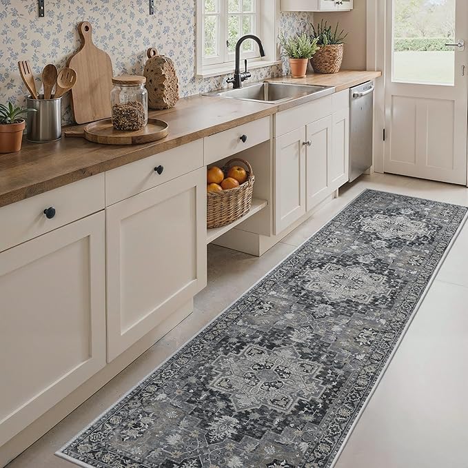 Runner Rug 2'6''x10, Machine Washable Runners, Non Slip Vintage Hallway Runner Rugs, Low Pile Lightweight Mat for Entryway, Hallway, Kitchen and Corridor, Dark Gray