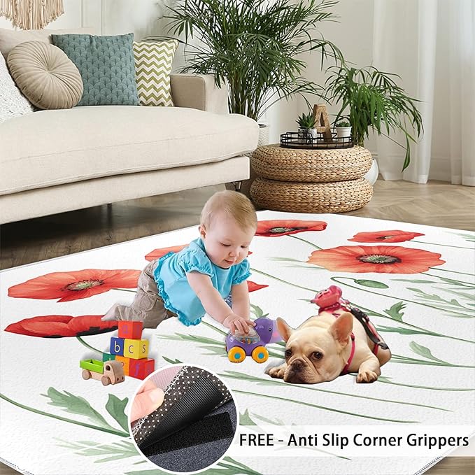 Little Red Flower Rugs for Bedroom - 4x5 Area Rug - Abstract 3D Flowers Rugs for Living Room, Modern Simple Art Rug, Non-Slip Washable Home Decor Carpet