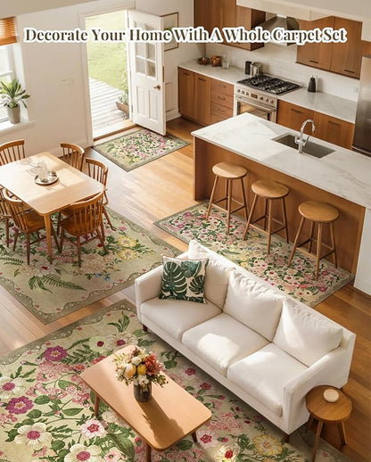 Floral Area Rug Living Room - 8x10 Washable Rugs Low Pile Non-Slip Soft Bedroom Rugs Under Bed Stain Resistant Accent Indoor Vintage Carpet for Dining Room Nursery Home Office Decor, Brown