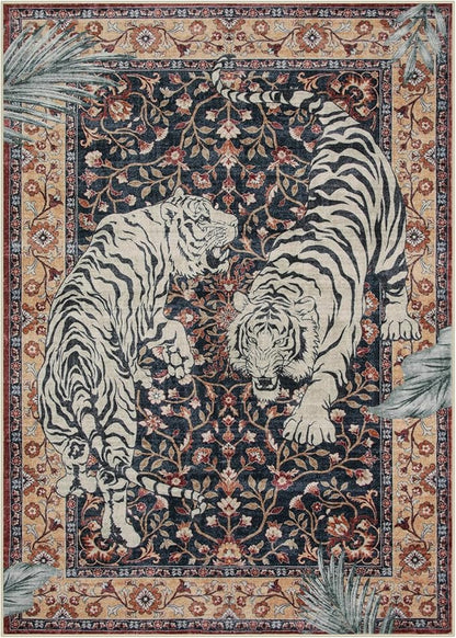 Moynesa Tiger Washable Area Rugs for Living Room, 5x7 Vintage Soft Rug for Bedroom, Non Slip Boho Ultra Thin Large Stain Resistant Throw Rug for Dining Guest Room, Puce Red
