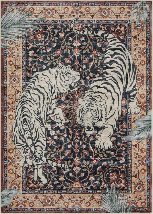 Moynesa Tiger Washable Area Rugs for Living Room, 5x7 Vintage Soft Rug for Bedroom, Non Slip Boho Ultra Thin Large Stain Resistant Throw Rug for Dining Guest Room, Puce Red