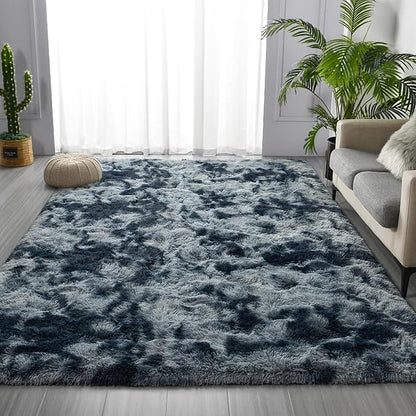 Shag Area Rug, 4 X 6 Tie-Dyed Plush Fuzzy Rugs for Living Room, Ultra Soft Fluffy Furry Rug for Bedroom, Indoor Carpet Nursery Rugs for Kids Room Home Decor, Blue and Grey