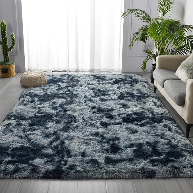 Large Shag Area Rugs 9 x 12, Tie-Dyed Plush Fuzzy Rugs for Living Room, Ultra Soft Fluffy Furry Rug for Bedroom, Indoor Carpet Nursery Rugs for Kids Room Home Decor, Blue and Grey
