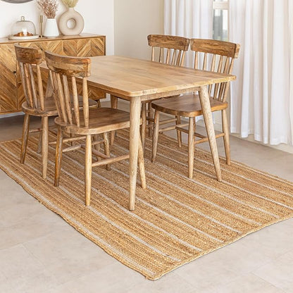 HOMEMONDE Natural Braided Jute Area Rug 5x8 ft - Off White Stripe Eco Friendly Premium Fiber - Hand Woven Rustic Vintage Farmhouse Rugs for Bedroom, Kitchen, Living Room, Dining Room