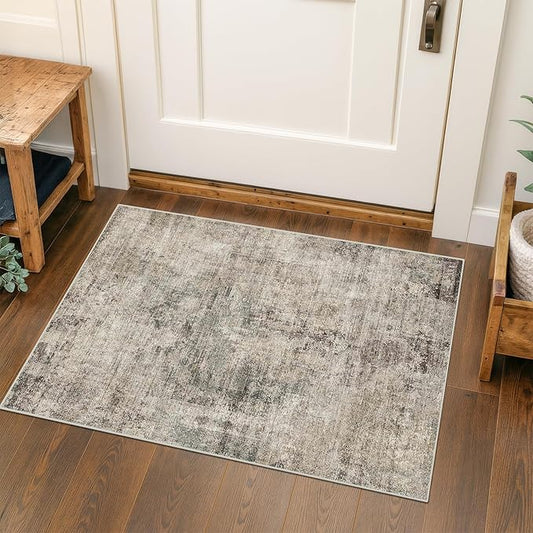 Farmhouse Taupe Brown 2x3 Indoor Entryway Rug - Washable Small Throw Rugs for Kitchen, Bathroom, Modern Medaliion Abstract Design, Non Slip Low Pile Soft Carpet