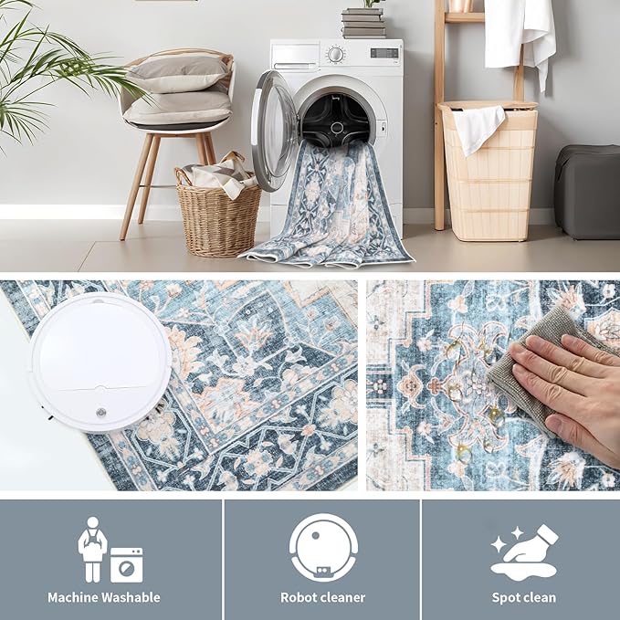 Washable 6×9 Area Rug for Living Room, Vintage Floral Rug Soft Non Slip Stain Resistant Boho Carpet for Indoor Bedroom Dinning Room Home Office Blue/Ivory