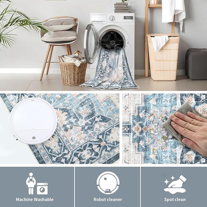 Washable 2×3 Area Rug for Entryway Indoor, Vintage Floral Small Area Rug Soft Non Slip Stain Resistant Boho Carpet for Front Door Dinning Room Kitchen Bedroom Blue/Ivory