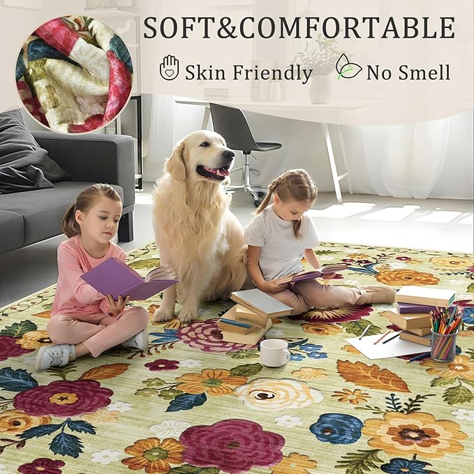 2x6 Machine Washable Runner Rug, Kitchen Hallway Area Rug Green Vintage Boho Floral Ultra Non-Slip Low Pile Soft Faux Wool Carpet, Kids and Pets Friendly for Bedroom Entryway Nursery Home Decor Rug