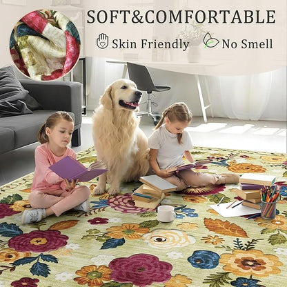 4ft Round Machine Washable Area Rug for Living Room, Green Vintage Boho Floral Rug Large Non-Slip Low Pile Soft Faux Wool Carpet, Kids and Pets Friendly for Bedroom Nursery Farmhouse Home Decor Rug