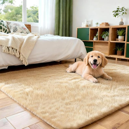 3x5 Solid Fluffy Camel Area Rug – Washable, Durable, Living Room Rug, Non-Slip High Pile Shag Rugs for Bedroom, Living Room, Bedside, Dorms, Nursery Rooms, Kids Room, Soft Indoor Floor Carpet