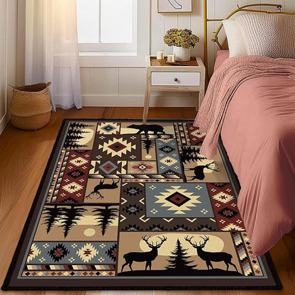 Rustic Cabin Wildlife Area Rug 5x7 Living Room Rug,Buffalo Plaid Bear Moose Deer Country,Vintage Throw Rugs Carpet for Dining Room Washable Bedroom Rug Non Slip Floor Carpets for Office,Kids Playroom