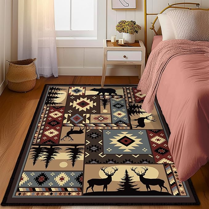 Rustic Cabin Wildlife Area Rug 3x5 Washable Bedroom Rug,Buffalo Plaid Bear Moose Deer Country,Farmhouse Throw Rugs Non Slip Area Carpet Small Floor Carpets Mat for Entryway,Living Room,Laundry,Office