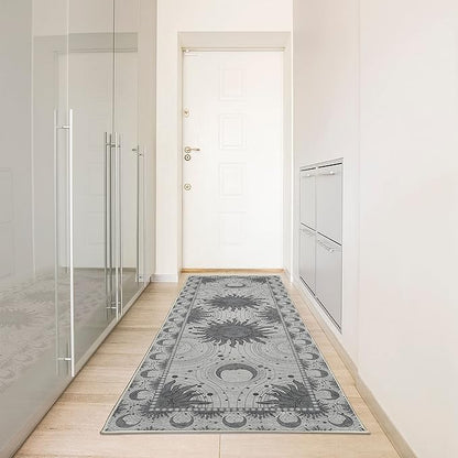 Ambesonne Sun and Moon Decorative Rug, Bohemian Artwork Design of Crescent Solar Ornament Esoteric Stars Ornaments, Quality Carpet for Bedroom Dorm and Living Room, 2' 5" x 7' 5", Dimgray
