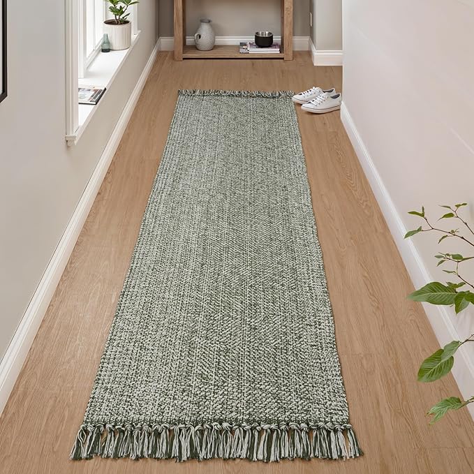 Collive Boho Runners for Hallways 2x7 ft, Washable Kitchen Runner Rug Low-Profile Neutral Indoor Entryway Rug, Olive Green/Cream Braided Cotton Floor Carpet for Laundry Room Bedroom Doorway