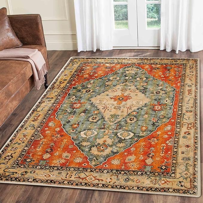 COMSLE Boho Area Rug, 4' x 6' Machine Washable Rugs for Entryway Faux Wool Large Rugs Distressed Throw Rug Non-Slip Floor Carpet for Indoor Bedroom Kitchen Living Room