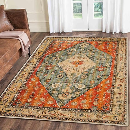 COMSLE Boho Area Rug, 4' x 6' Machine Washable Rugs for Entryway Faux Wool Large Rugs Distressed Throw Rug Non-Slip Floor Carpet for Indoor Bedroom Kitchen Living Room