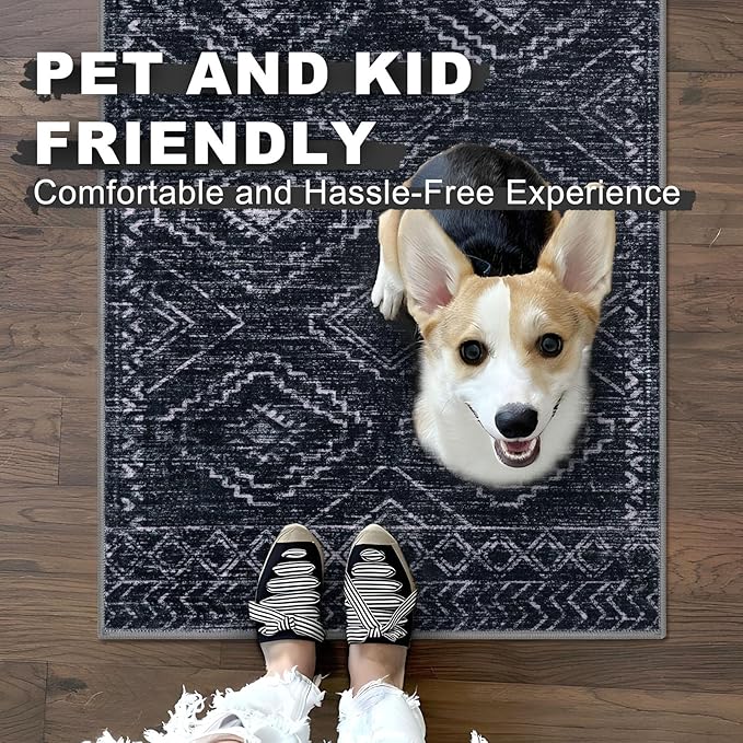 KILOCOCO Boho Entryway Rug 3x5 Area Rug Washable Non Slip Throw Rugs Soft for Kitchen Living Room Dining Bedroom Geometric Moroccan Carpet, Black/Navy