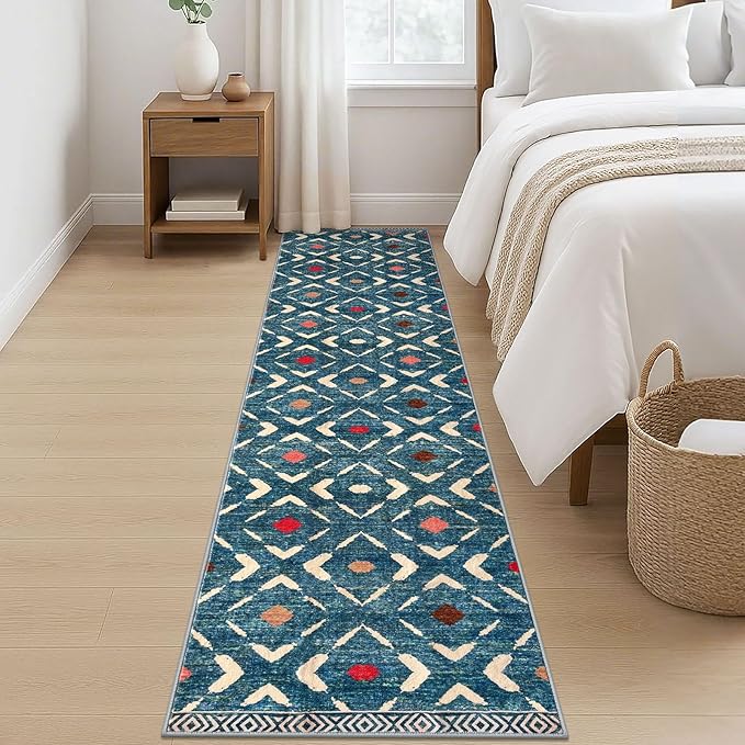 KILOCOCO Hallway Runner Rug 2'x8' Runners for Hallways Soft Washable Runner Rugs Non Slip Printed Low-Pile Runners for Bedroom Kitchen Living Room Laundry Room Boho Rugs, Teal/Blue