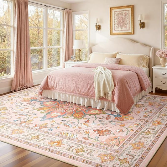 Area Rugs 8'x10' Washable Non-Slip, Floral Vintage Distress Print Pattern Medallion Carpet for Living Room Bedroom Dining Room, Light Pink Colorful