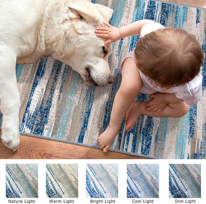 Modern Abstract Runner Rug 2x5, Blue Washable Entryway Kitchen Runner Non-Slip Soft Hallway Rug Runner Thin Print Faux Wool Carpet for Bedroom Laundry Room Indoor