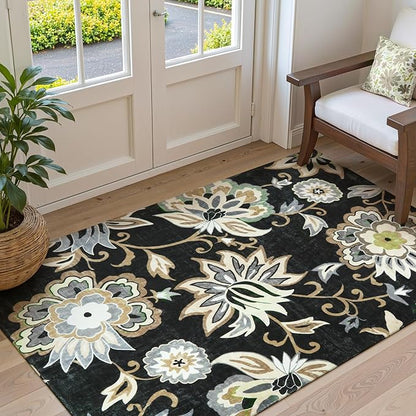 Lahome Floral Washable Living Room Area Rug - 3x5 Non-Slip Low-Pile Rugs for Entryway, Throw Small Stain Resistant Kitchen Rugs Soft Black Paisley Print Carpet for Office Bedroom Laundry Room Office