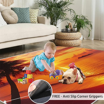 Coastal Rugs for Bedroom - 3x5 Area Rug - Ocean Beach Rugs for Living Room, Sunset Palm Trees Rug, Non-Slip Washable Home Decor Carpet