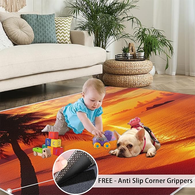 Coastal Rugs for Bedroom - 5x7 Area Rug - Ocean Beach Rugs for Living Room, Sunset Palm Trees Rug, Non-Slip Washable Home Decor Carpet