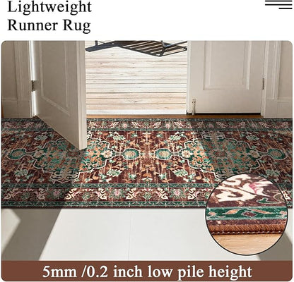 U'Artlines 3' x 20' Boho Hallway Runner Rug, Rust Non Slip Washable Vintage Farmhouse Accent Rug Carpet for Kitchen Entryway Laundry and Living Room (Rust＆Teal)