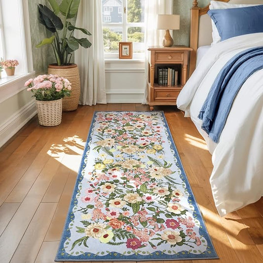 Floral Runner Rug 2x6 - Washable Vintage Kitchen Rug Low Pile Non-Slip Carpet for Entryway Hallway, Laundry, Bedroom - Soft, Stain Resistant Indoor Area Rug - Blue