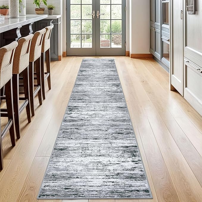 Modern Abstract Runner Rug 2x12, Black Grey White Washable Long Kitchen Runner Non-Slip Soft Hallway Rug Runner Thin Print Faux Wool Carpet for Entryway Bedroom Laundry Room Indoor Home Decor
