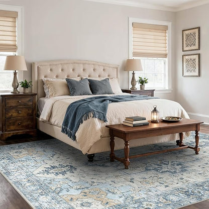 9x12 Area Rugs for Living Room, Machine Washable Non Slip Vintage Rugs, Low Pile Lightweight Print Rug for Bedroom, Dining Room, Home Office, Blue