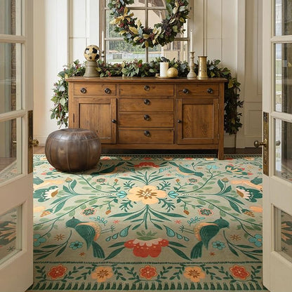 Moynesa Area Rugs 9x12 Green Aesthetic Home Decor, Modern Farmhouse Country Floral Bird Print Pattern Medallion Carpet for Living Room Bedroom Dining Room,Non-Slip Washable Floor Protection
