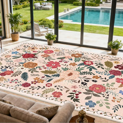 Extra Large 10x14 Area Rug for Living Room, Washable Rugs for Dining Room, Bedroom, Non Slip Stain Resistant Carpet, Low Pile Vintage Floral Rug (Begie Red)