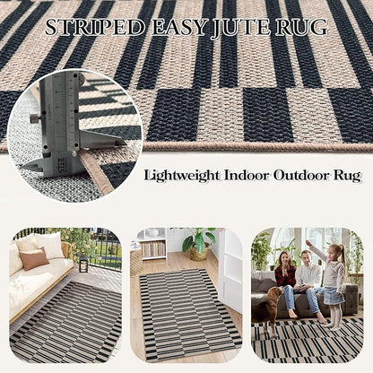 Lahome Striped Easy Jute Rug, 5x7 Outdoor Patio Rug Neutral Dining Room Rug Indoor Outdoor Carpet, Farmhouse Washable Non Slip Black Carpet for Backyard Living Room Office Deck