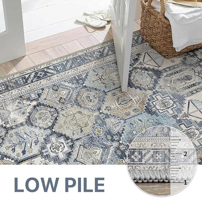 Bavni Washable Rug 5x7 Area Rug for Living Room Bedroom Dining, Washable Vintage Print Carpet, Ultra-Thin Chenille Low Pile Lightweight Rug with Non Slip Backing, Blue