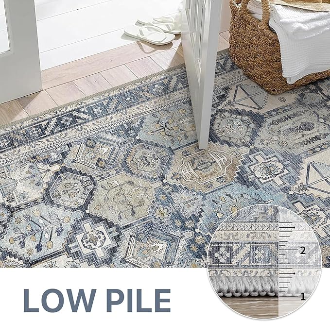 Bavni Kitchen Rug 2x5 Runner Rugs for Hallways Entryway, Washable Vintage Print Carpet, Ultra-Thin Chenille Low Pile Lightweight Rug with Non Slip Backing, Blue