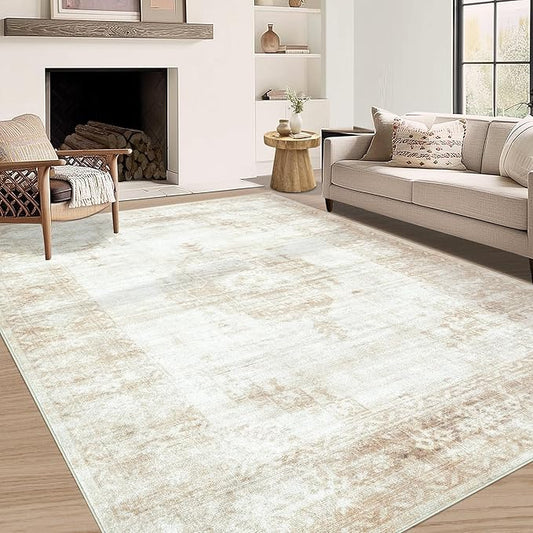 Vintage Living Room Area Rug - 5x7 Large Machine Washable Boho Moroccan Distressed Farmhouse Rugs for Bedroom - Soft Non-Slip Indoor Floor Accent Rugs for Office Dining Room (Beige, 5' x 7')
