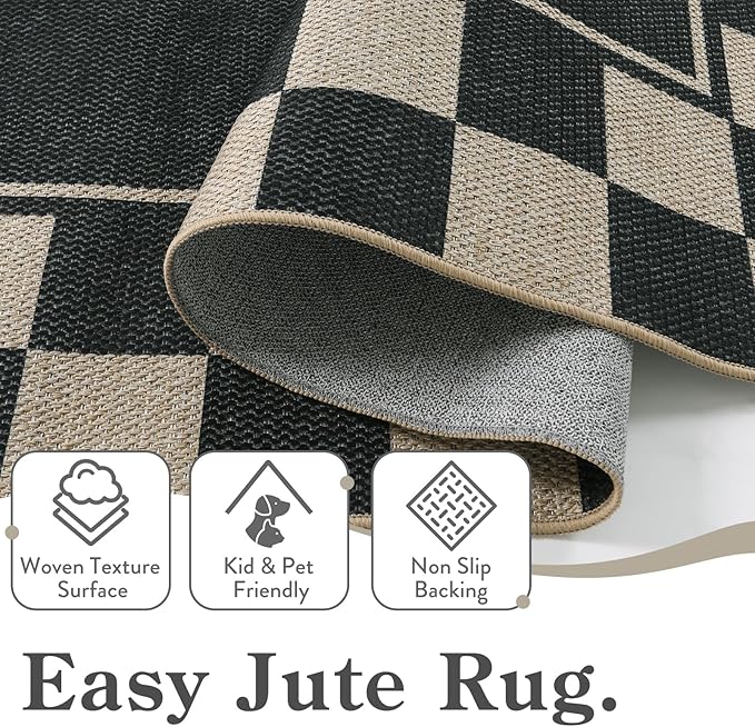 Moynesa Easy Jute Rug Checkered Outdoor Patio Rug 3x5, Washable Rugs for Entryway Non Slip Bordered, Indoor Outdoor Carpet for Living Room Bedroom Kitchen Farmhouse Backyard, Black