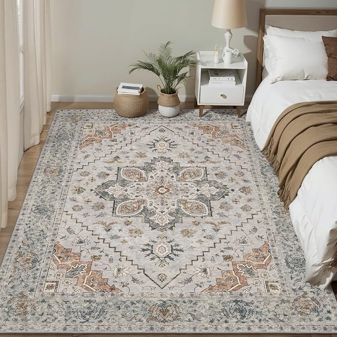 Tangsoo 4x6 Area Rug for Living Room, Washable Vintage Indoor, Distressed Grey Carpet for Bedroom, Non Slip Dining Room Rugs, Soft Low Pile Rugs Foldable Floor Rug for Dorm Bedside Bathroom