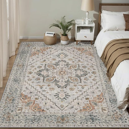 Tangsoo 4x6 Area Rug for Living Room, Washable Vintage Indoor, Distressed Grey Carpet for Bedroom, Non Slip Dining Room Rugs, Soft Low Pile Rugs Foldable Floor Rug for Dorm Bedside Bathroom