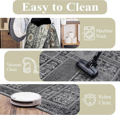Washable Area Rugs 8x10, Large Rugs for Living Room, Carpet for Bedroom, Soft Faux Wool Retro Dining Room Rug, Non-Slip Backing Resistant Low Pile Vintage Print Rug for Home Office (Grey)