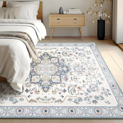 Phantoscope Washable Area Rug 8'x10' Non-Slip, Vintage Boho Rugs for Living Room, Bedroom, Dining Room, Persian Floral Medallion Pattern, Low-Pile Foldable Floor Carpet, Ivory Blue/Garden Bloom