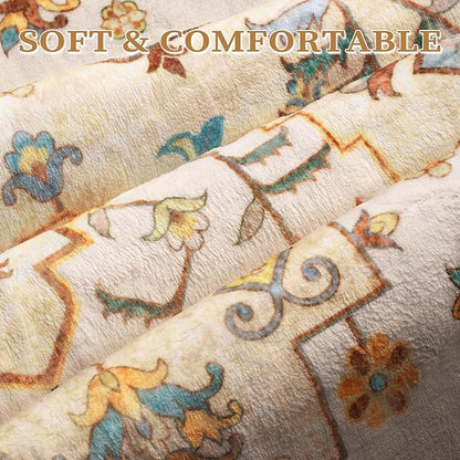 SERISSA Boho Area Rug 8x10 Light Yellow, Washable Large Rugs for Living Room, Ultra Soft Non-Slip Bedroom Rug Print Distressed Vintage Farmhouse Carpet Rug for Dining Room Dorm Office Home Decor