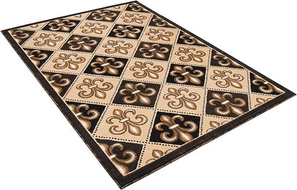 Allstar 5x7 Black Modern Rectangular Accent Rug with Ivory and Mocha Floral Fleur De Lis Diamond Design (5' x 7')